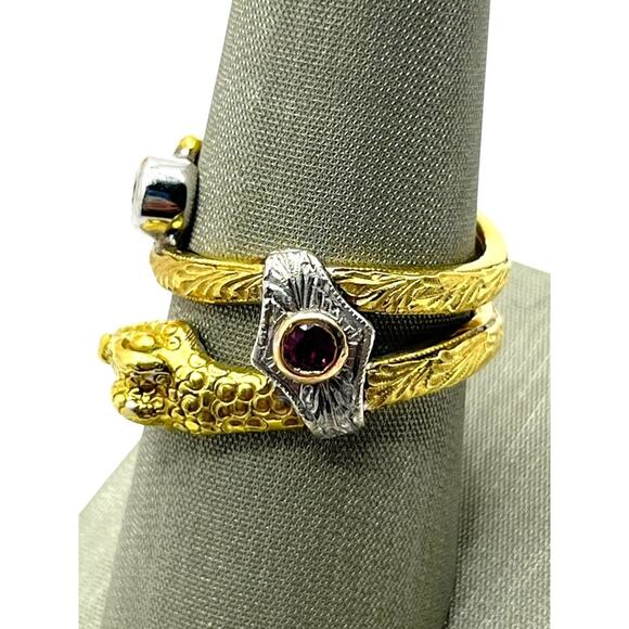 18K Etched Yellow Gold, Pink Stone & Diamond Snake Wrap Around Ring (15492) - Picture 3 of 8